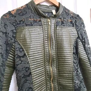 Ozel Green Lace Floral Moto Jacket Faux Leather Moto Jacket Fairy Coquette XS